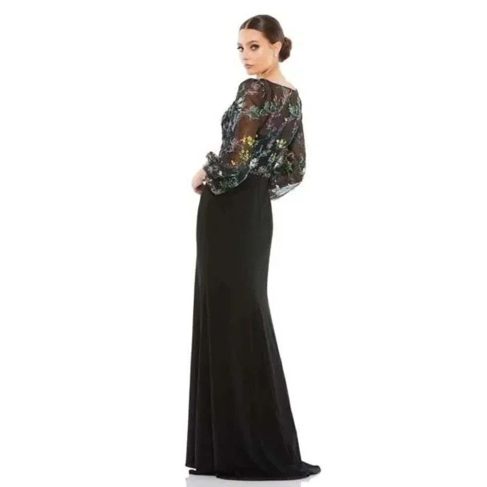 Mac Duggal 79379 Puffed Sleeve Maxi Dress Gown Illusion Embroidered Size 8 NWT - Picture 2 of 7